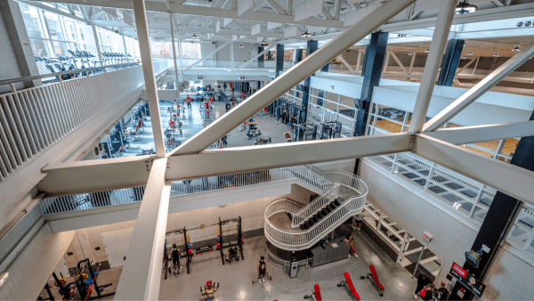 Eppley Recreation Center Weight Room, 2 floors, natural light pouring in